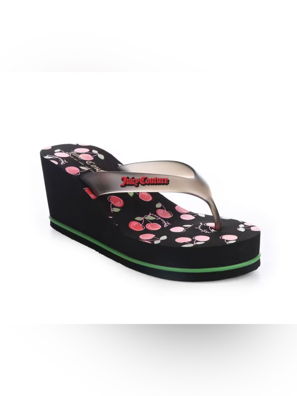 Juicy Couture Black Cherry Print Sandals with Metallic Silver Strap